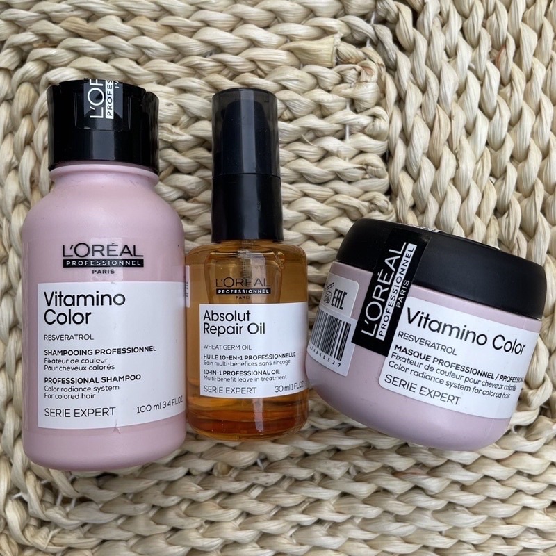 COMBO GỘI ,HẤP,TINH DẦU DÀNH CHO TÓC NHUỘM LOREAL VITAMINO COLOR 100ML/75ML/30ML