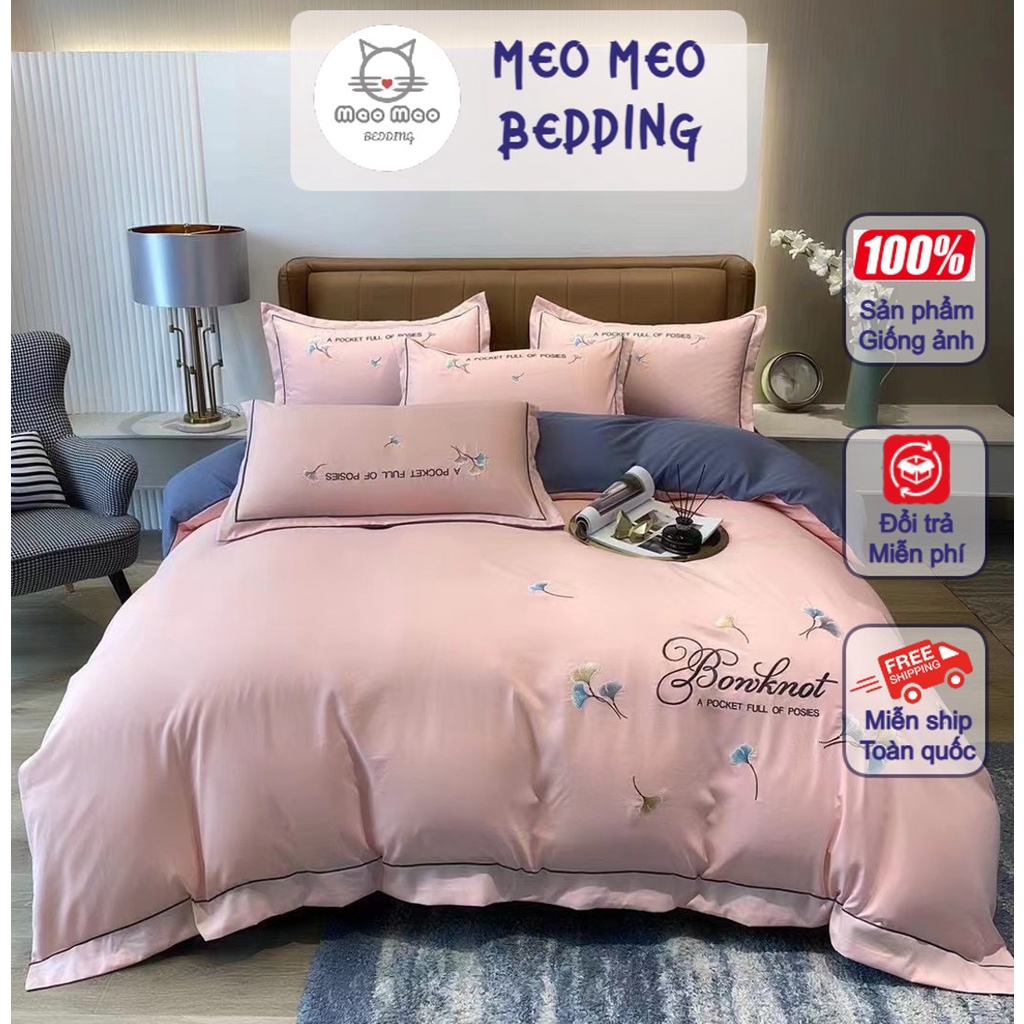 Bộ Chăn Ga Gối Cotton Nilen Bonknot Thêu Họa Tiết Nhập Khẩu Cao Cấp - Sét 4 Món - Cotton Linen