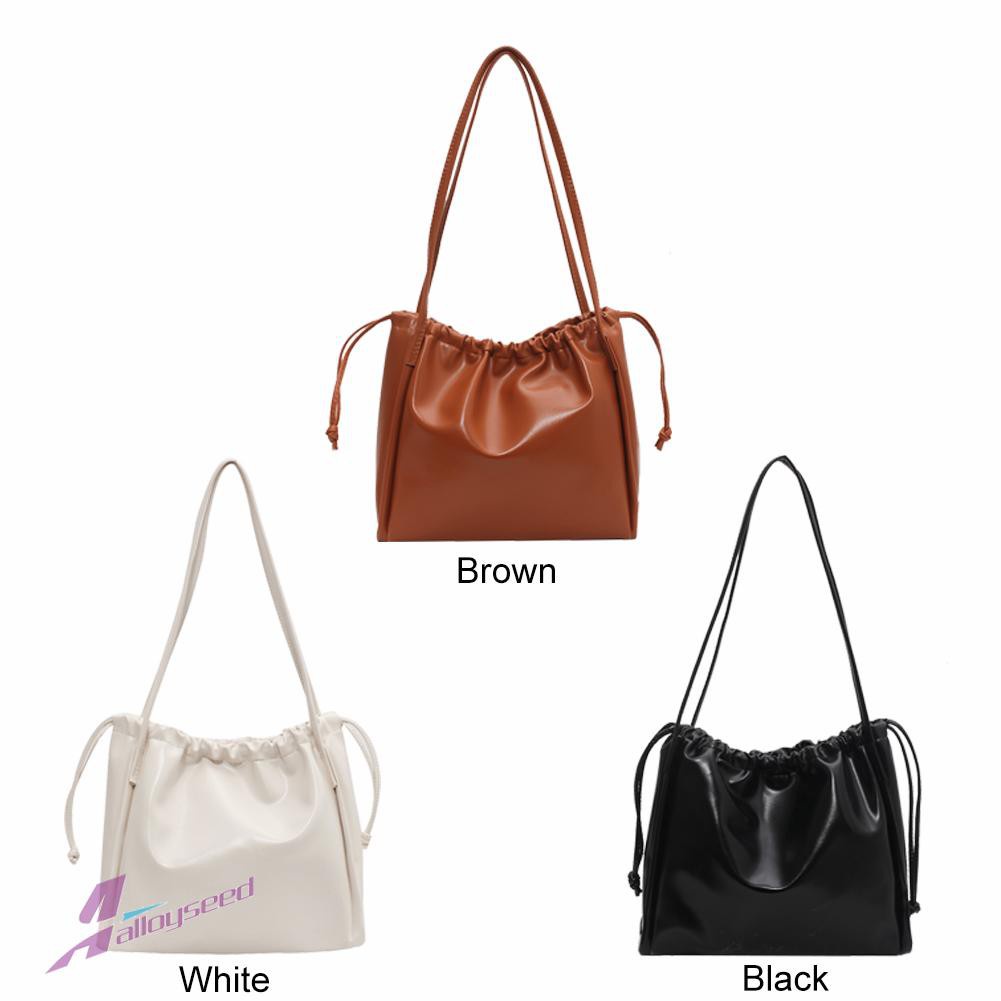 Retro PU Leather Women Underarm Bag Drawstring Solid Color Large Bucket Bag