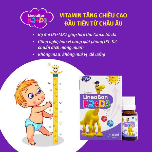 Siro Bổ Sung Vitamin D3 Và K2 LineaBon Hỗ Trợ Tăng Hấp Thu Calci, Phát Triển Chiều Cao, Hệ Xương Cho Bé 0m+ (10ml)