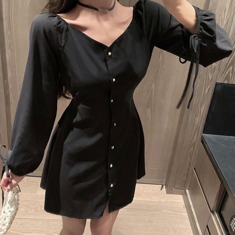 Đầm Nữ Dài Tay Cổ Bẻ Eo Thắt Dây Thời Trang Hàn Xinh Xắn