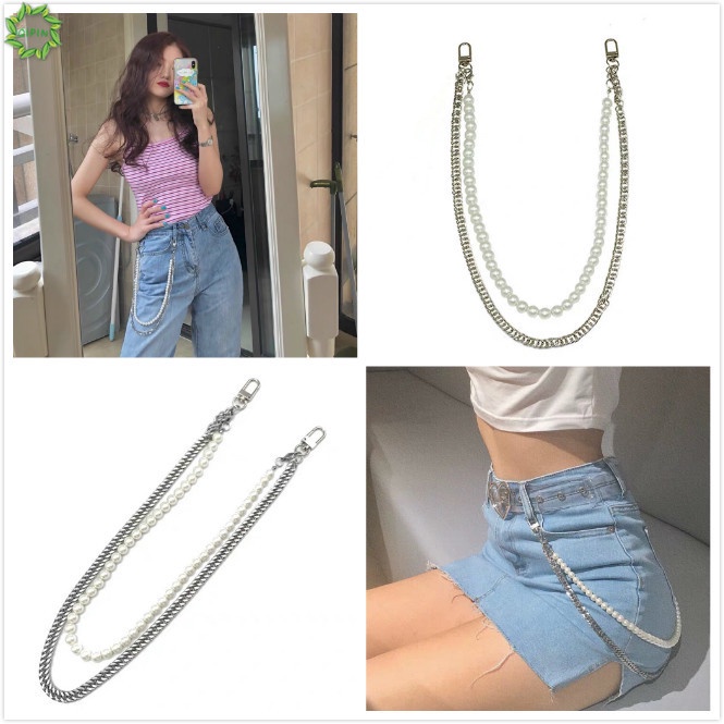 thắt lưng nữ dây xích Chuỗi dây hai lớp gắn thắt lưng quần phối chuỗi hạt ngọc trai giả phong cách punk cá tính thời trang cho nữ