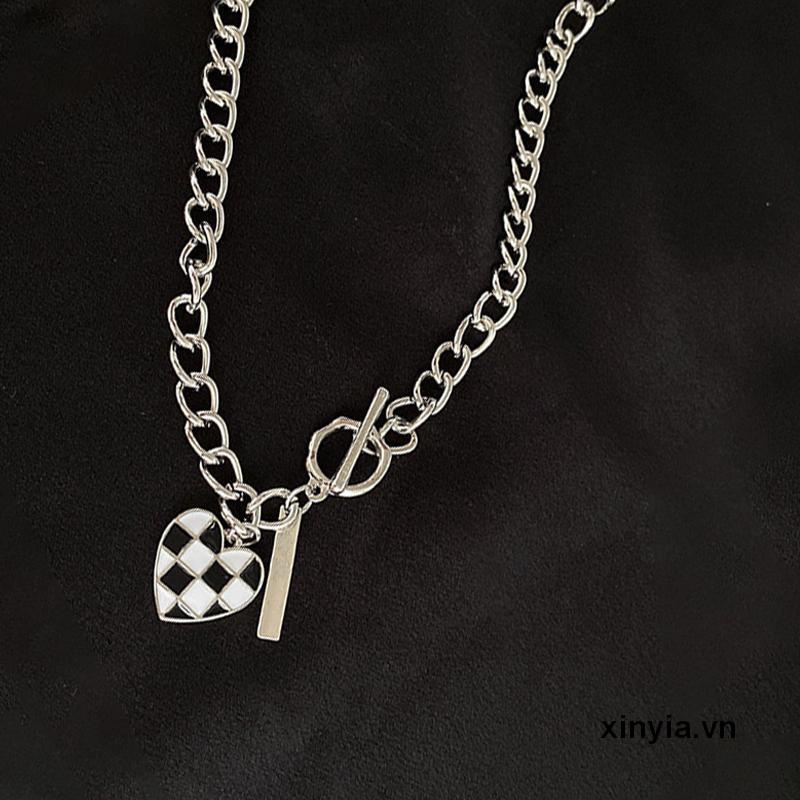 Vòng cổ mặt hình hình trái tim họa tiết caro phong cách Hàn Quốc thời trang cho cặp đôi