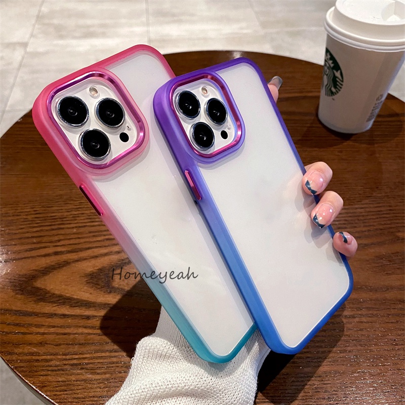 Ốp Điện Thoại Cứng Trong Suốt Chống Sốc Màu Gradient Viền Kim Loại Cho iPhone 13 12 11 Pro Max ip11 ip13
