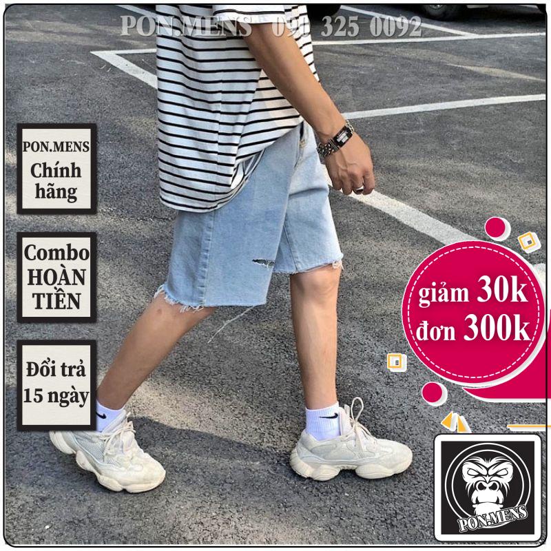 Quần short jean nam ống rộng màu xanh nhạt rách 02 Pon.mens