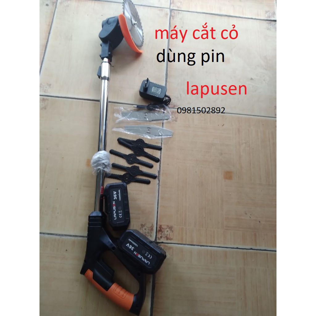 MÁY CẮT CỎ PIN  LAPUSEN 36V, máy cắt cỏ pin công  xuất 1800W, máy + 8 lưỡi cắt  2 pin  bảo hành 12 tháng