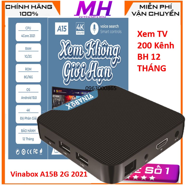 Android Tivi Box Vinabox A15 B 2021 , Ram 2G, Rom 16G, Androi 10 ATV Hàng Chính Hãng