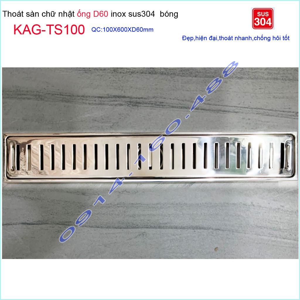 Phễu thoát sàn 10x60cm KAG-TS100, thoát sàn nhà tắm hình chữ nhật Inox SUS304 bóng cao cấp