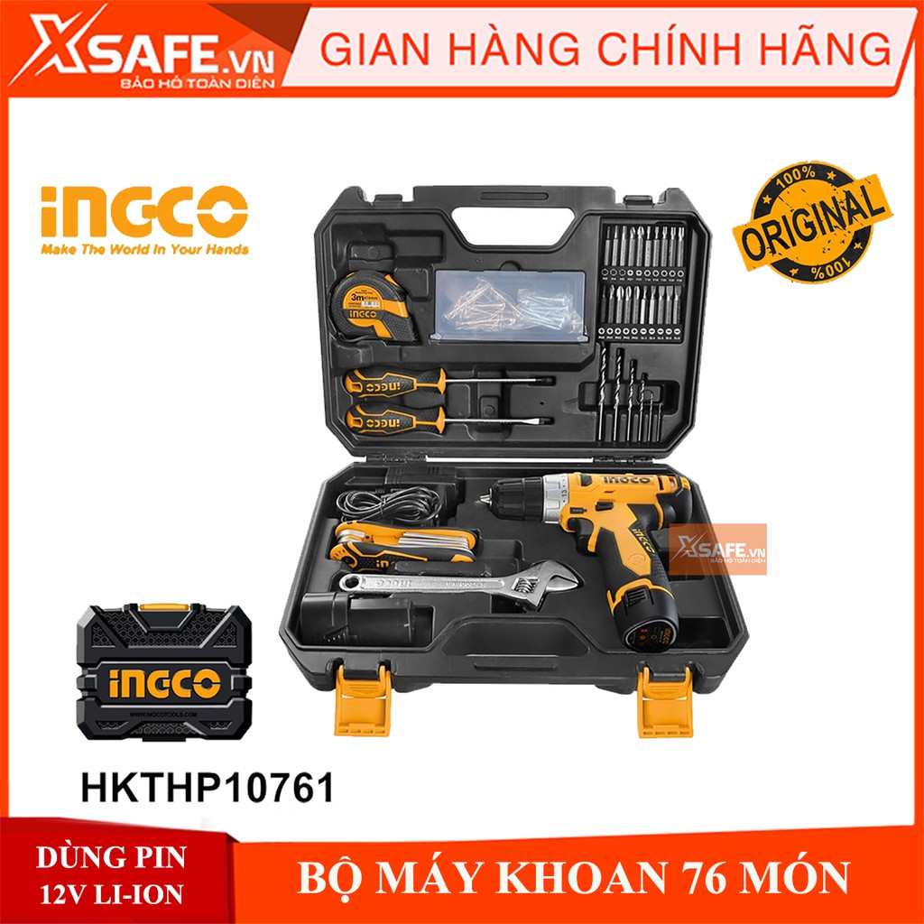 Bộ máy khoan pin Li-ion 12V INGCO HKTHP10761 76 món pin sạc chìa vặn chìa khóa lục giác mũi siết vít thước kéo mũi khoan