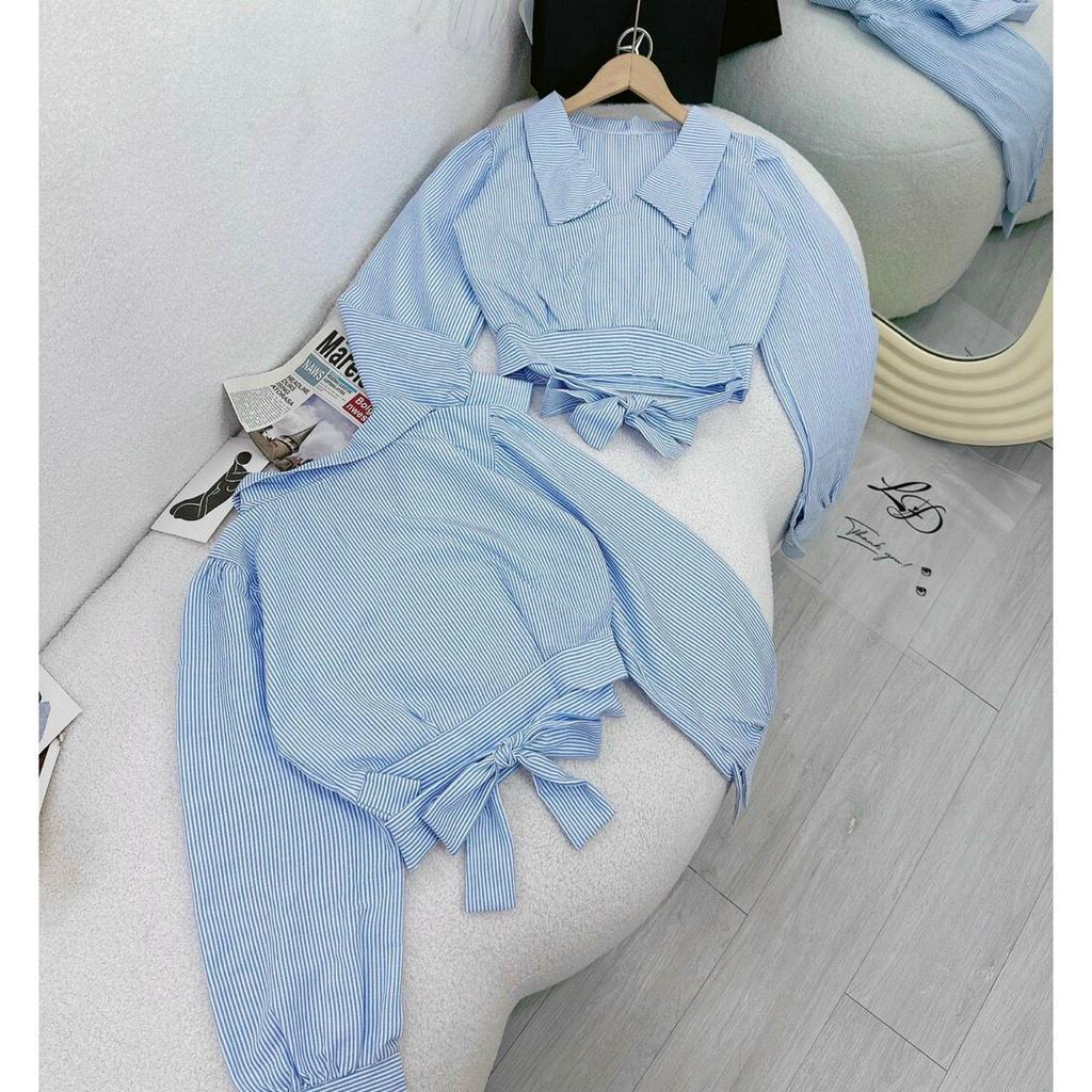 ÁO SƠ MI NỮ KIỂU CROPTOP CỔ BẺ CÀI NÚT DÀI TAY CỘT EO MÀU SỌC XANH DƯƠNG CHẤT KATE THÁI DÀY DẶN MỀM MỊN