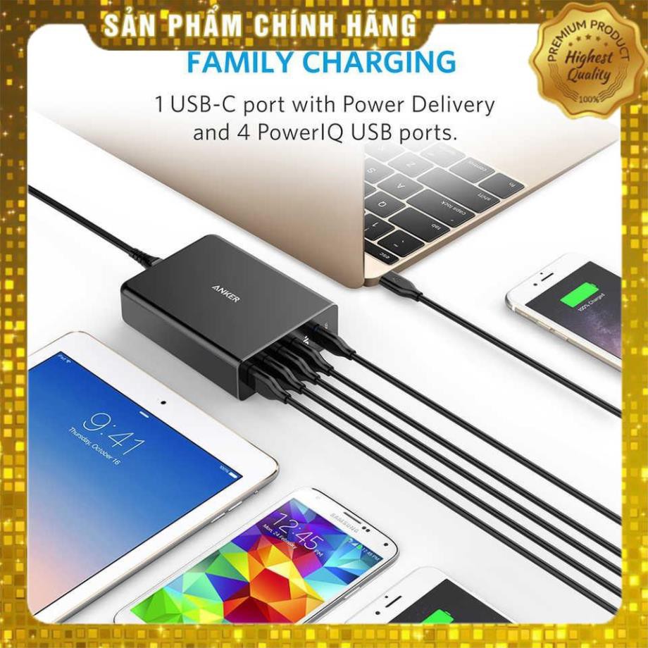 Cóc củ sạc nhanh 60W 4 cổng IQ USB & 1 cổng PD Type-C chính hãng Anker PowerPort +5 (Max 3A / Type-C và 2.4A / USB)