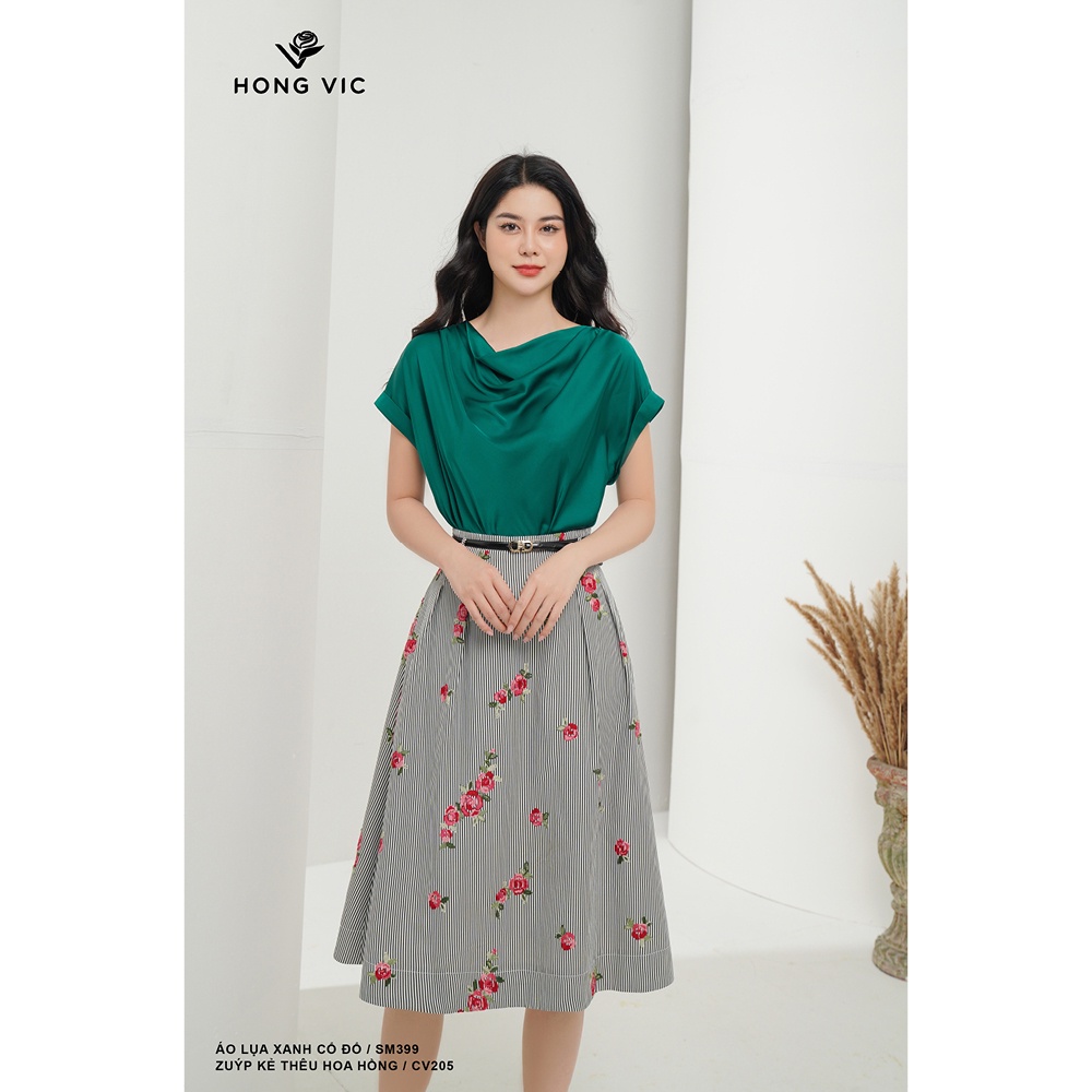 Chân váy nữ thiết kế Hong Vic kẻ thêu hoa hồng CV205