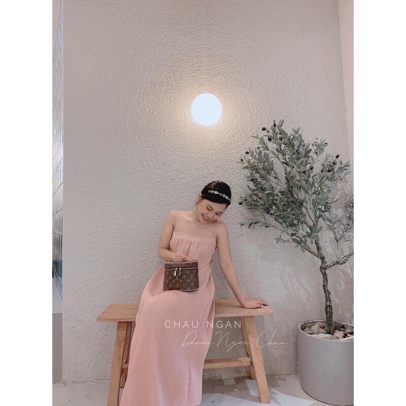 Đầm maxi xếp ly cột nơ lưng dày dặn có mút ngực hình thật