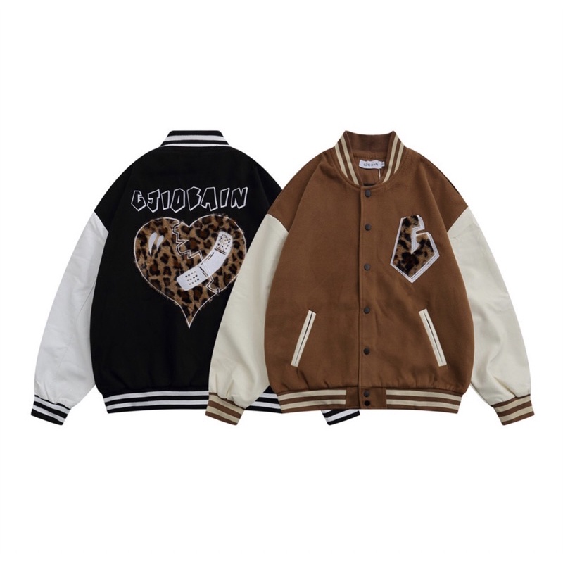 Áo bomber - Jacket varsity chính hãng chất dạ tay da cao cấp màu nâu