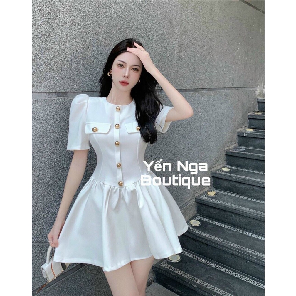 [8.8 Sales Freeship] Đầm nữ thiết kế đính nút đắp túi tay phồng, đầm đi tiệc cổ tròn ôm eo xòe kết nút cực sang trọng