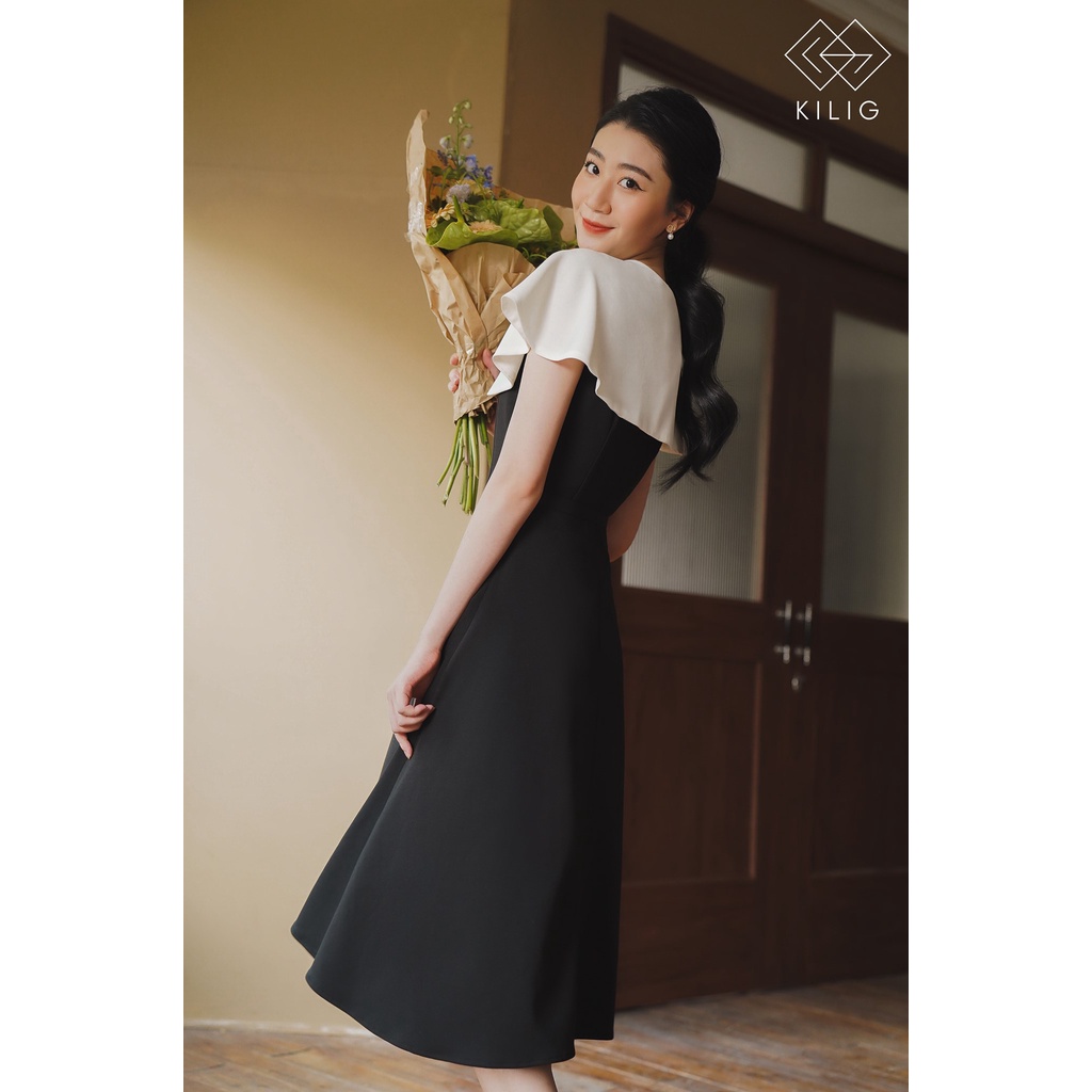 Váy xòe KILIG thiết kế vai choàng, kết hợp tinh tế 2 màu đen trắng
