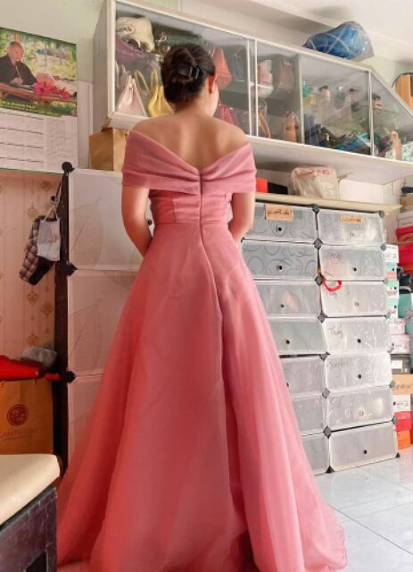 (free chỉnh sửa váy) đầm dạ hội cưới hồng trễ vai váy xòe phồng, đầm dự tiệc event cô dâu chụp hình cưới Hàn Quốc