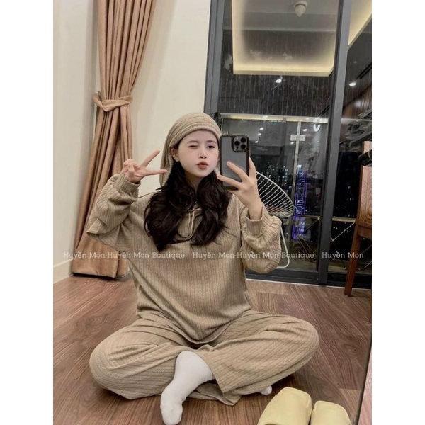 Bộ len dệt dáng suông đẹp, dày, ấm áp.Áo hoodie mũ rộng, quần ống suông dễ thương ❤️