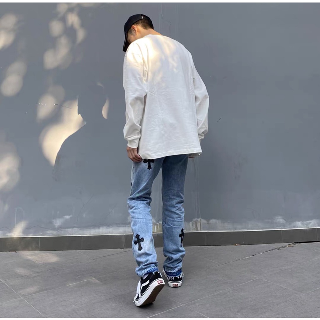 Quần jean baggy nam nữ Chrome Hearts quần jeans ống suông thánh giá xanh màu xanh unisex Kun Shop