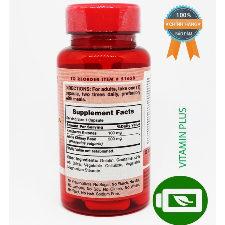 Viên uống hỗ trợ giảm cân Puritan's Pride Raspberry Ketones & White Kidney Bean 600mg Complex 60 viên | BigBuy360 - bigbuy360.vn