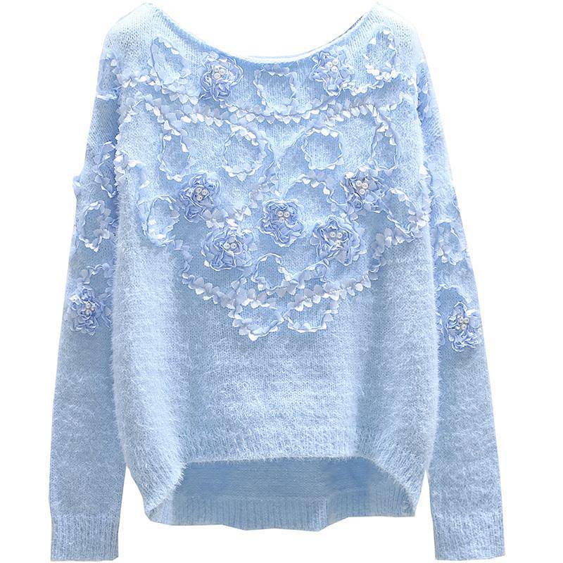 Áo Len Nữ Tay Dài Trễ Vai Đính Hoa Xinh Xắn