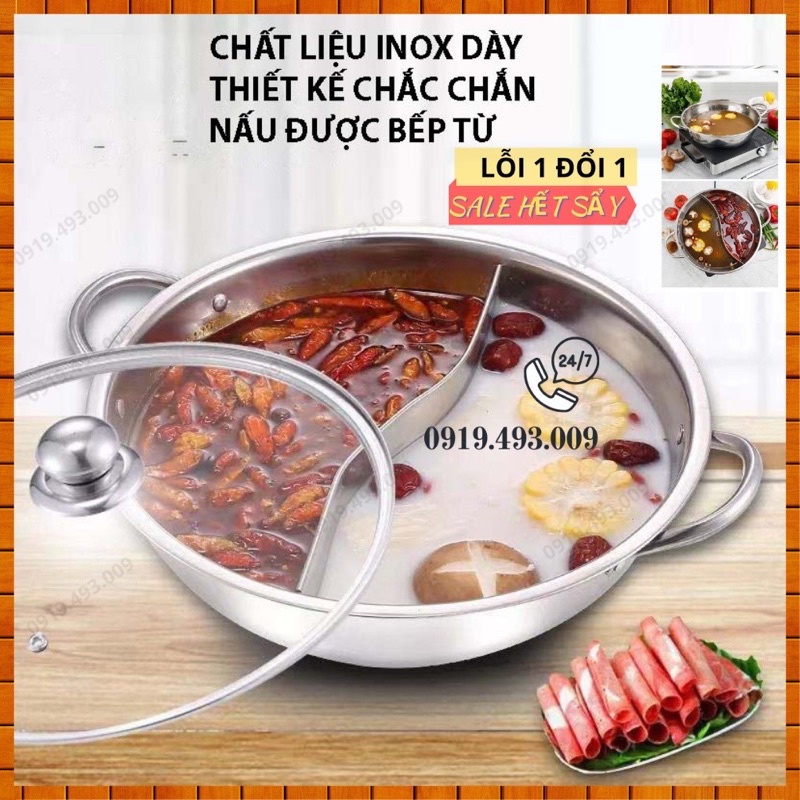 nồi lẩu 2 ngăn 30cm nấu được bếp từ có nắp kính