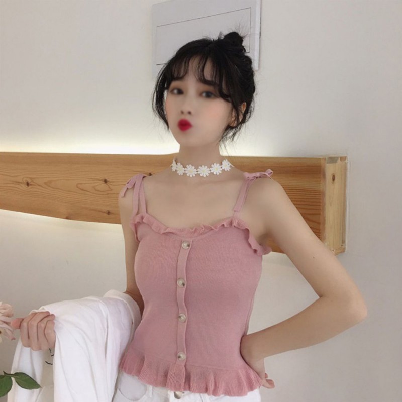 Áo nữ không tay phối nút thời trang vải Cotton