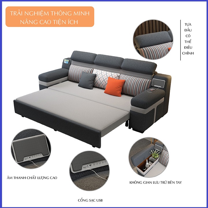 Giường Sofa Thông Minh, Sofa phòng khách  Mẫu Mới Nhất Có Loa  Khung Thép Chắc Chắn Vải Lanh Cao Cấp KT 2.1m x 2,05m