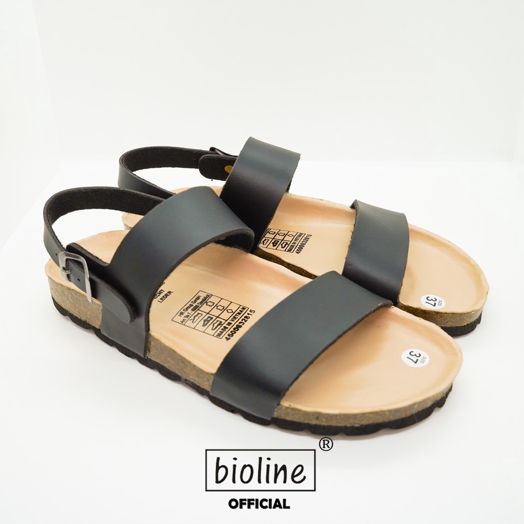 DK15 - Sandal Đế Trấu BIOLINE Official Hai Quai Ngang Da Bò Lót Pu Kem Chống Nước