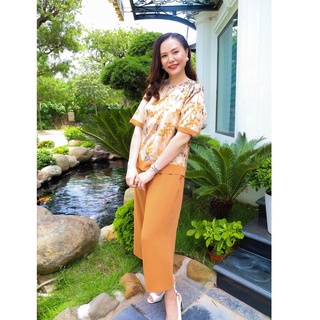 Set bộ áo voan cổ tròn quần cát hàn cho người trung niên, chất thoáng mát