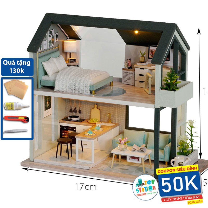 Mô hình Nhà búp bê DIY Dollhouse lắp ghép bằng gỗ có đèn Led, mẫu Peaceful Time Tặng kèm Mica che bụi, và dụng cụ lắp