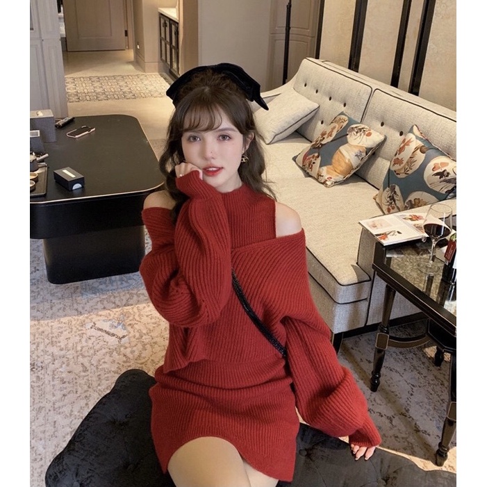 Set đầm body đỏ kèm áo khoác len siêu xinh cho bạn gái,váy nữ đi chơi đi làm diện chụp ảnh sieu xinh