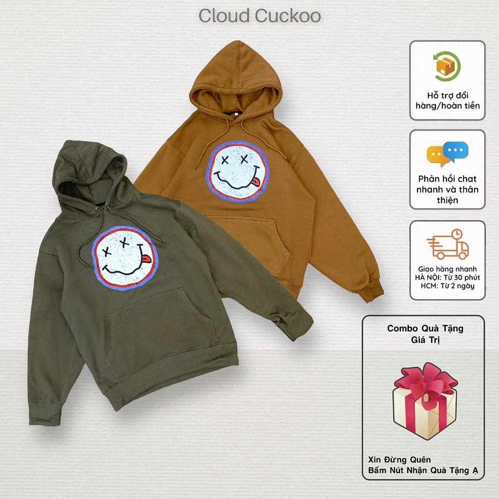 Áo Hoodies Nỉ Bông Cao Cấp Hình Mặt Cười Vintage Phom Áo To Mũ 2 Lớp - Mã Số: H14101