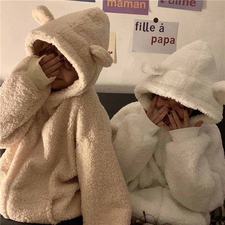 Áo Hoodie Lông Cừu Dáng Rộng Đính Tai Gấu Dễ Thương Thời Trang Thu Đông Cho Nữ