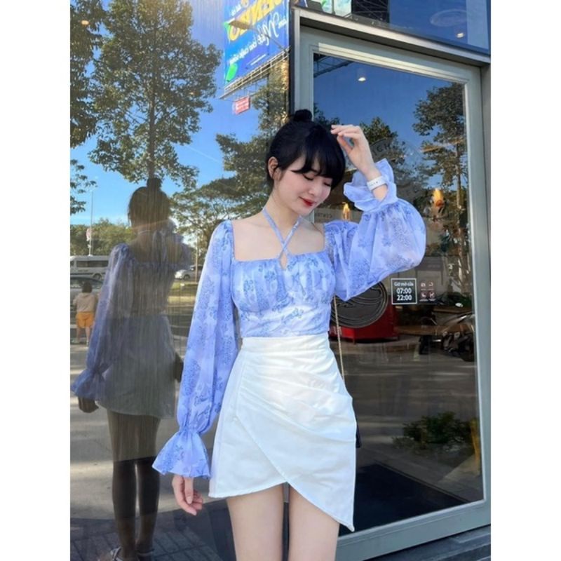 Set Áo Voan Hoa Xanh Trễ Vai Tay Loe và Chân Váy Trắng Xếp Vạt mieu.store