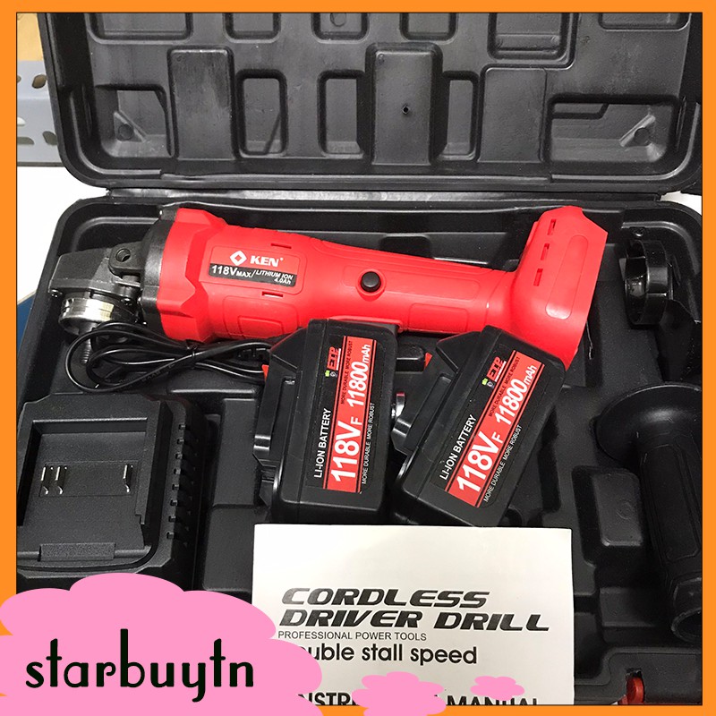 Máy mài góc đung pin 118V Ken kèm sạc 2 pin, tay cầm, tấm chắn, dụng cụ mở