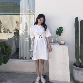 Váy thun đầm nữ tay lỡ Hàn Quốc kiểu basic + thắt lưng VV1