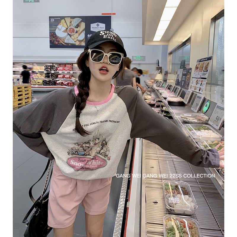 Áo Thun Dáng Rộng Phối Màu Tương Phản Thời Trang Mùa Thu Mới Cho Nữ