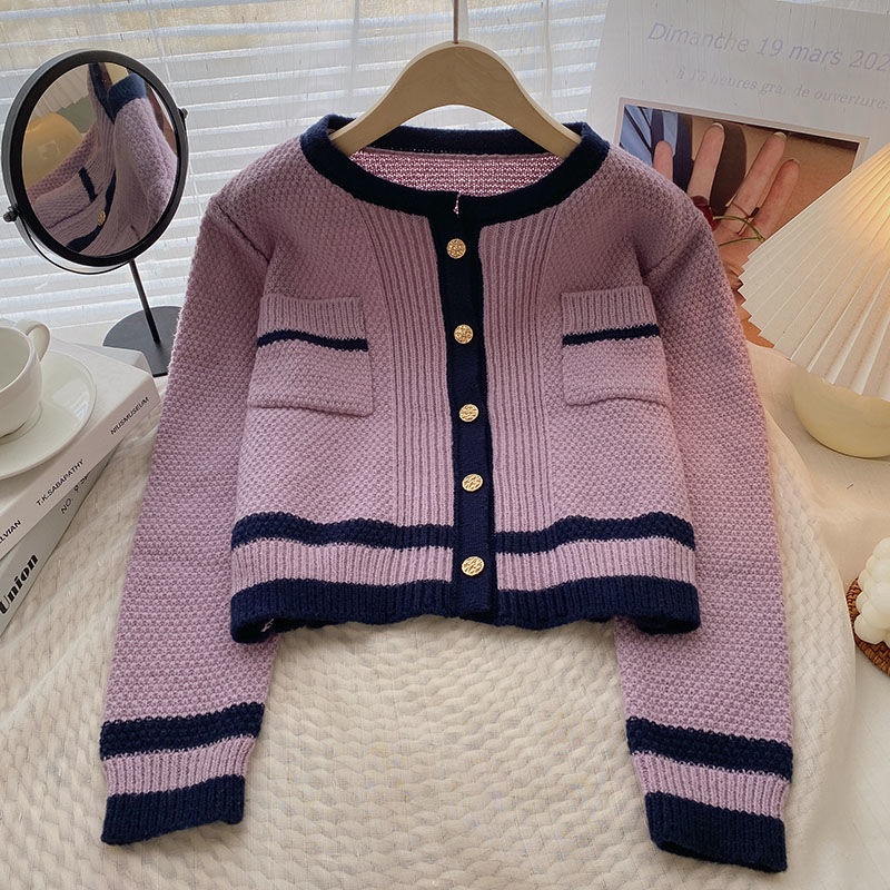 Xiaoxiangfeng Áo Khoác cardigan Dệt Kim Cổ Tròn Màu Sắc Tương Phản Nhẹ Nhàng Phong Cách Mùa Thu Cho Nữ