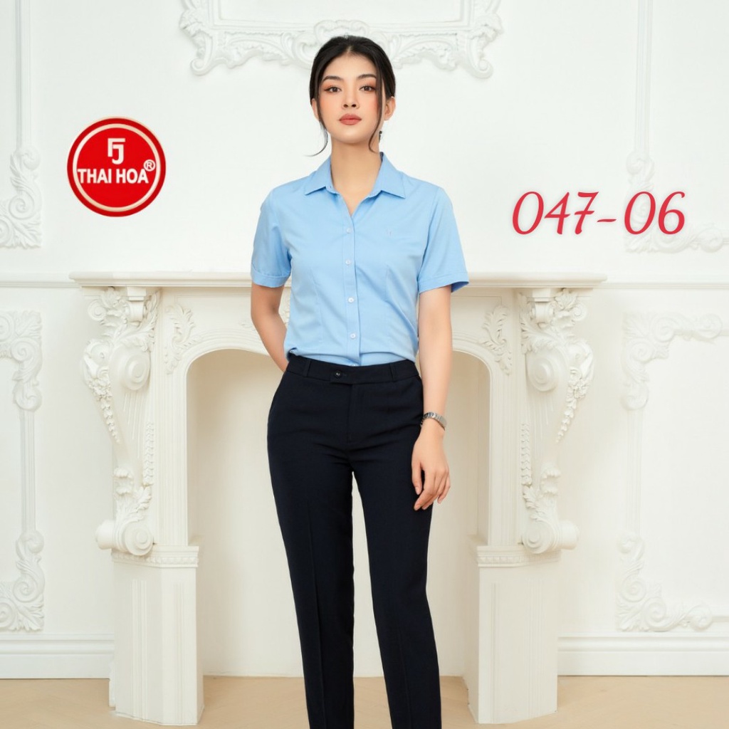 Áo sơ mi Thái Hòa xanh thiên thanh vải đẹp ít nhăn 047 8919
