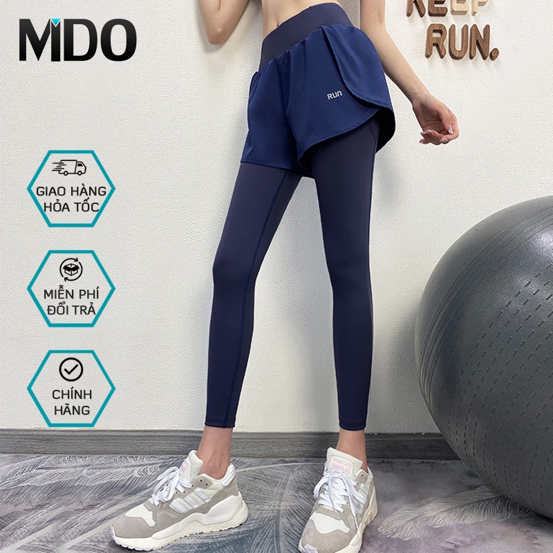 Quần tập gym nữ 2 lớp cạp cao qua rốn Mido Q39D, quần dài kết hợp short liền co giãn tốt, che khuyết điểm