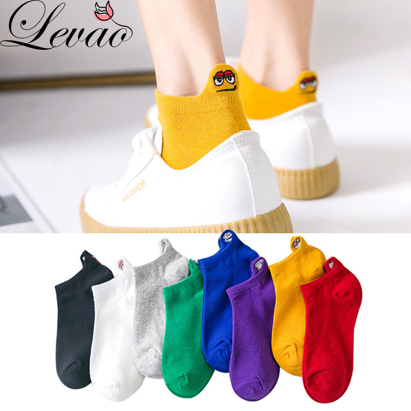 Vớ Cotton Nữ Levao Họa Tiết Thêu Mặt Cười Dễ Thương Nhiều Màu Sắc