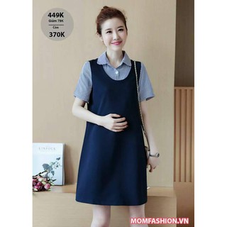 Váy bầu xanh than phối kẻ cổ đức cộc tay