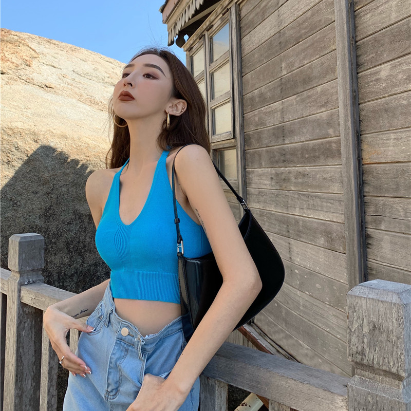 Áo dệt kim COZOK dáng ngắn không tay cổ yếm thời trang cho nữ