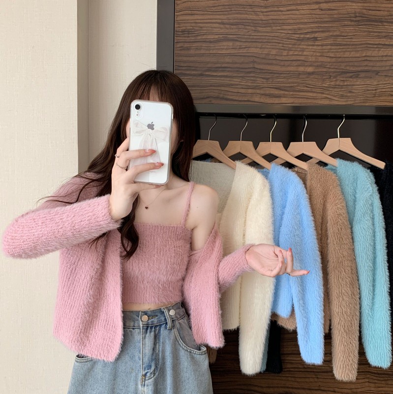 55938 Sling Dệt Kim Mềm + Áo Len Cardigan Hai Mảnh