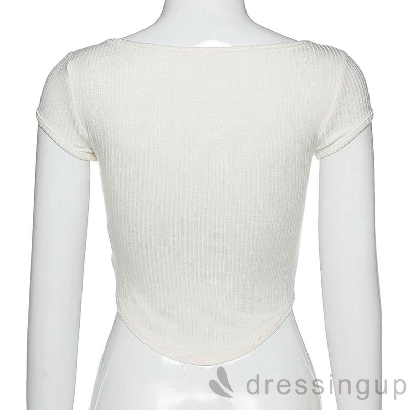 Áo thun tay ngắn cổ V phối nút chất liệu xuyên thấu quyến rũ cho nữ