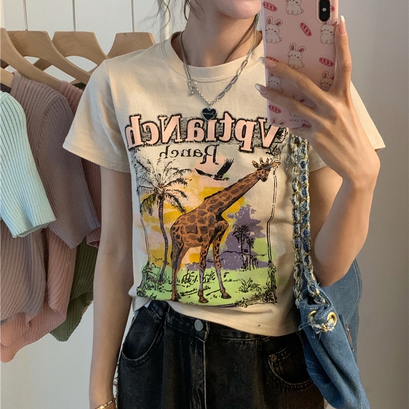 SUXI Áo Thun Tay Ngắn Cổ Tròn Dáng Ôm In Họa Tiết Vintage Thời Trang Mùa Hè Cho Nữ