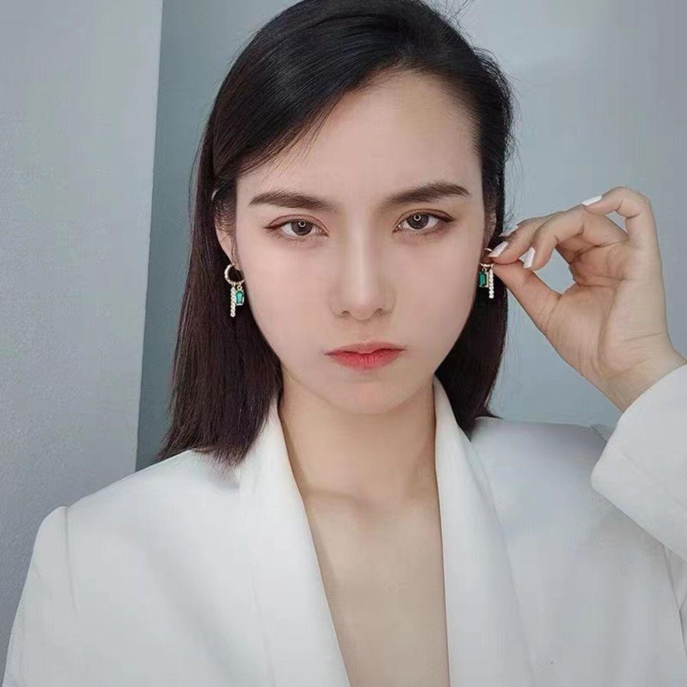 QQMALL Bông Tai Hình Chữ C Mặt Vuông Màu Xanh Lá Phong Cách Hàn Quốc Cổ Điển Thời Trang Cho Nữ