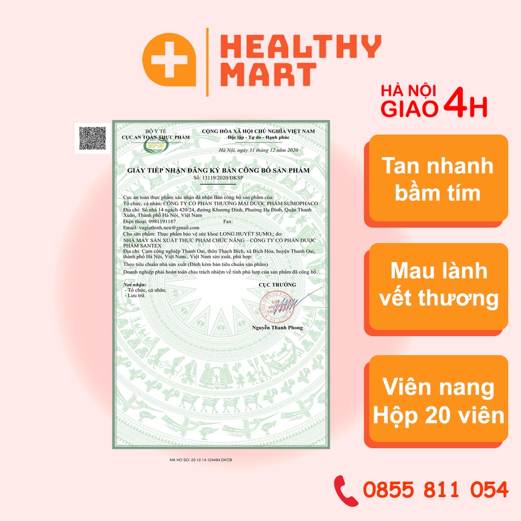 ✔️️️Long Huyết - tan nhanh bầm tím mau lành vết thương - Hộp 20 viên - SumoPharco