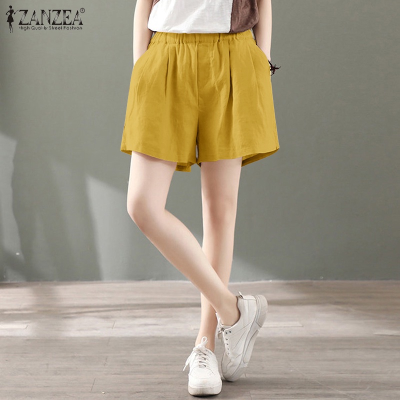 ZANZEA Quần ngắn ống rộng Lưng Thun Màu Trơn Thời Trang Cho Nữ